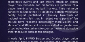 【千亿体育】FIFPRO就费内巴切冲突事件声明：当局有责任保护球员的安全福利