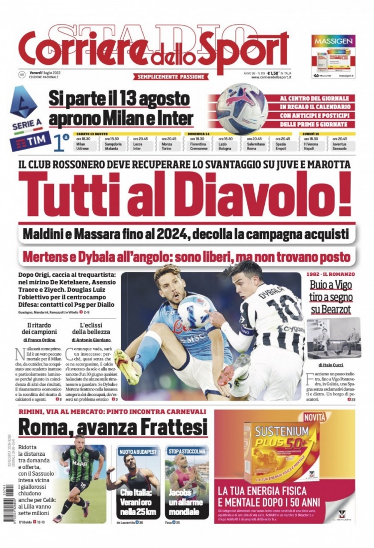 罗体头版:米兰有意免签默滕斯和迪巴拉 与巴黎联系商谈迪亚洛