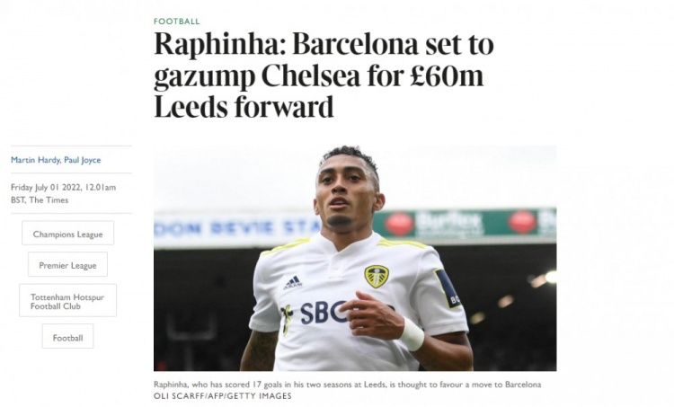 泰晤士报：巴萨预计为拉菲尼亚开出一份约6000万英镑的报价