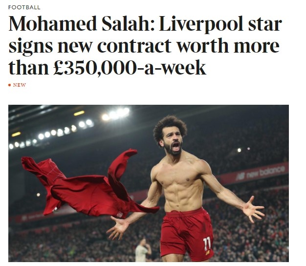 泰晤士：萨拉赫续约后周薪超过35万镑，利物浦队史最高
