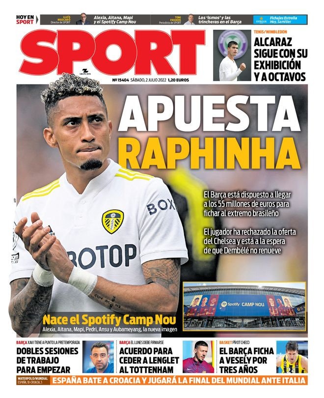 每体封面: 拉菲尼亚,等待签约,巴萨愿报价5500万欧