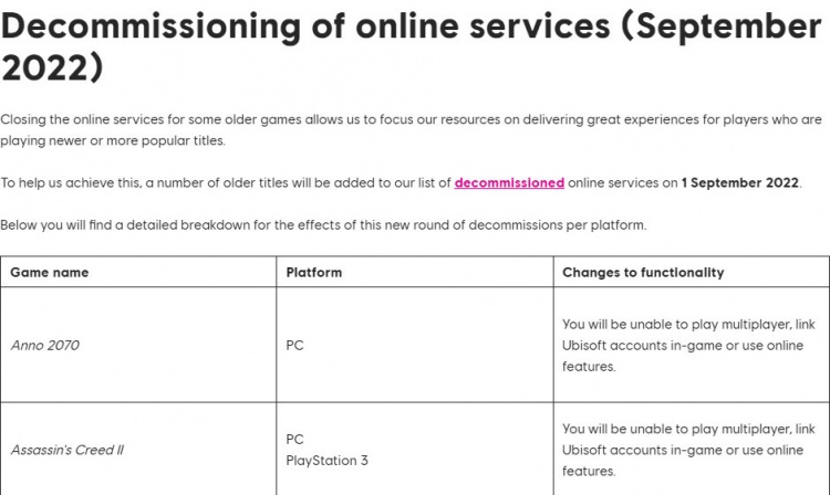 2022年9月1日起育碧将关闭15款老游戏的在线功能，包含刺客信条2