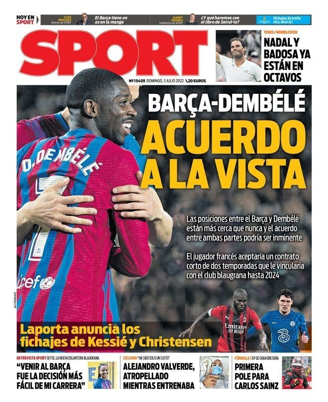 每体封面:登贝莱有望留队!