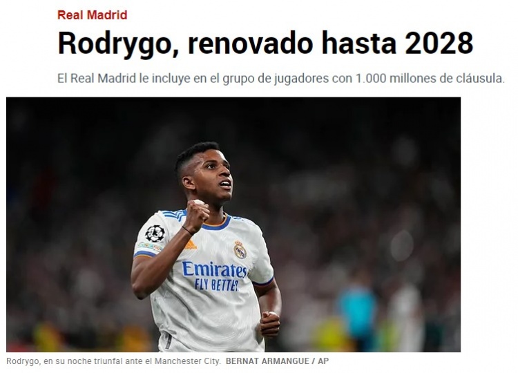 马卡：皇马续约罗德里戈至2028年，违约金10亿欧元