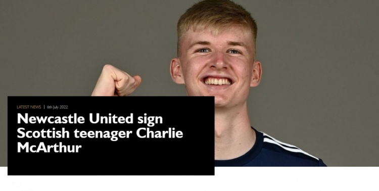 官方：纽卡斯尔签下17岁的苏格兰后卫查理-麦克阿瑟