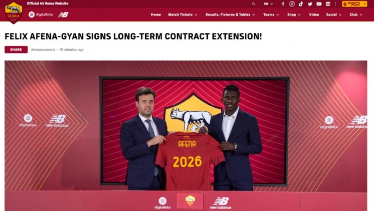 官方:罗马与19岁加纳国脚小吉安续约至2026年