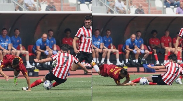 罗马友谊赛球员被凶狠犯规，穆帅冲入场内要求红牌罚下对方球员