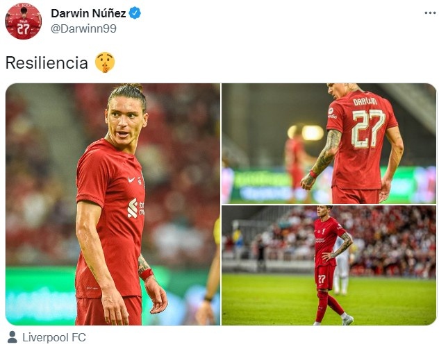 推特出现努涅斯的利物浦失误集锦，球员晒图回应：坚韧性?