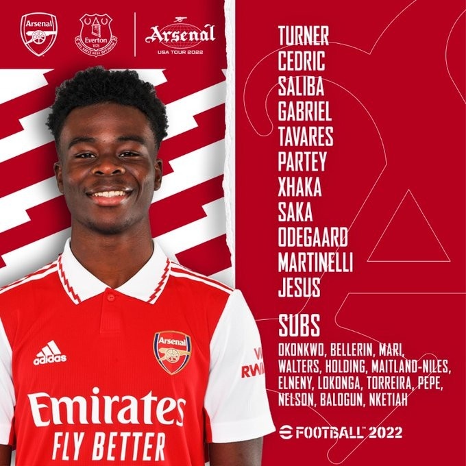 阿森纳vs埃弗顿首发：热苏斯、托马斯先发；阿里出战