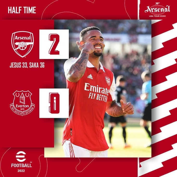 半场-热苏斯传射萨卡破门扎卡头球中框 阿森纳暂2-0埃弗顿
