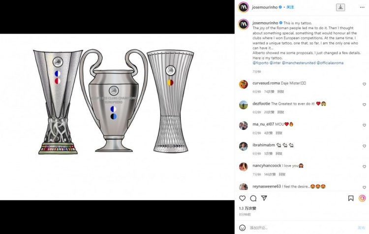 历史首人!穆里尼奥揭晓悬念:三大欧战奖杯文身