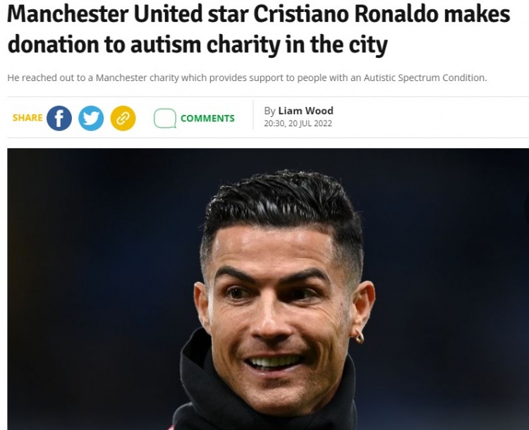 曼晚:C罗向曼市当地慈善机构捐赠了“令人难以置信”的捐款