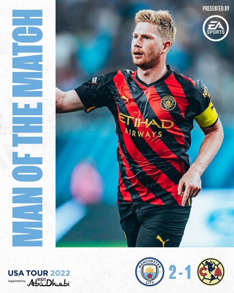 梅开二度包揽全队进球，德布劳内当选曼城vs墨西哥美洲队内最佳