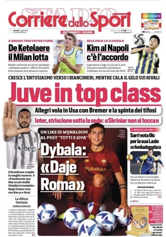 罗体头版:德凯特莱尔接近米兰 那不勒斯与金玟哉达协议