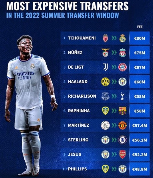 今夏转会费榜:琼阿梅尼仍居首,德里赫特、利桑德罗上榜