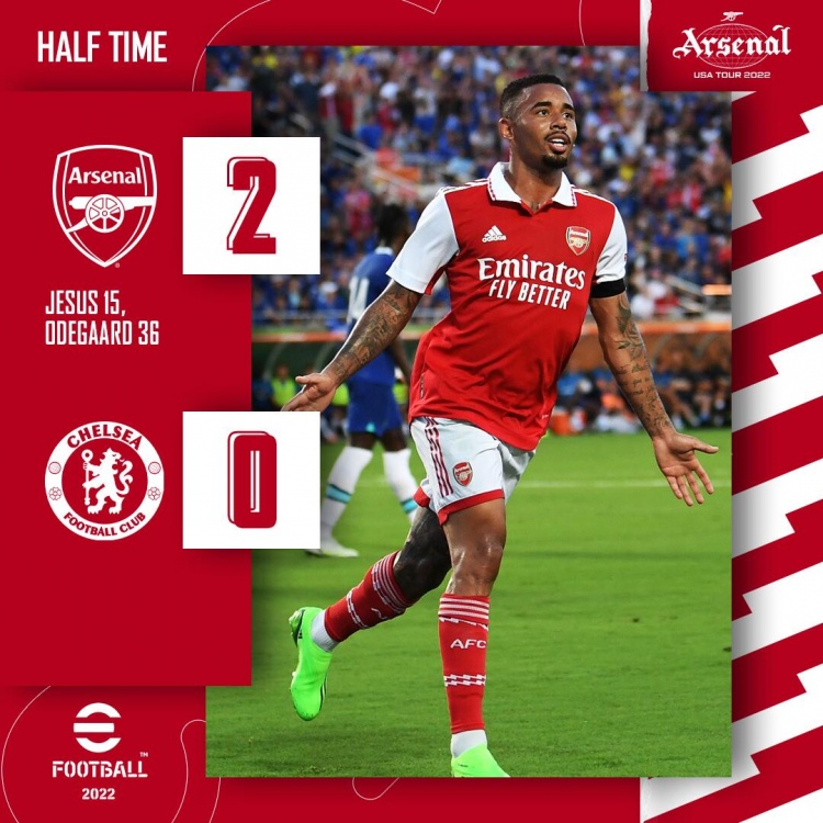 半场-热苏斯挑射破门厄德高建功 阿森纳2-0领先切尔西