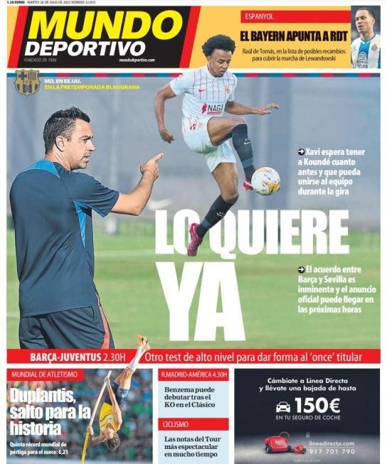 世体头版:哈维希望尽快拥有孔德,巴萨非常接近与塞维利亚达协议