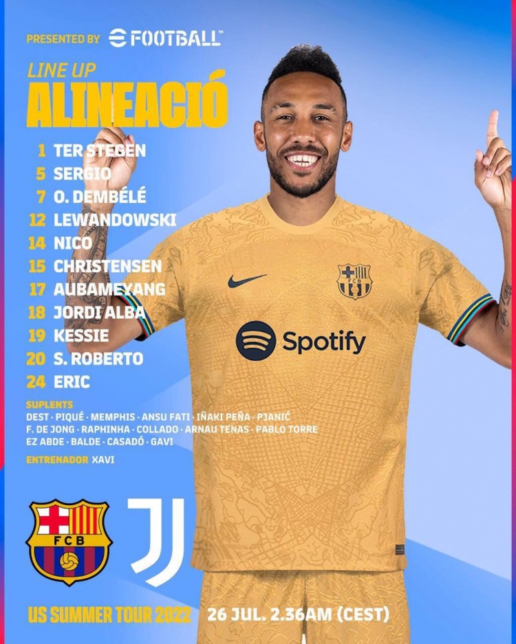 巴萨vs尤文首发:莱万、奥巴梅扬先发 迪马利亚、基恩出战