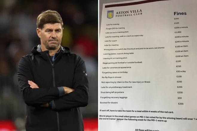 杰拉德对球队列罚单：洗澡不穿拖鞋100镑、队友生日没带蛋糕50镑