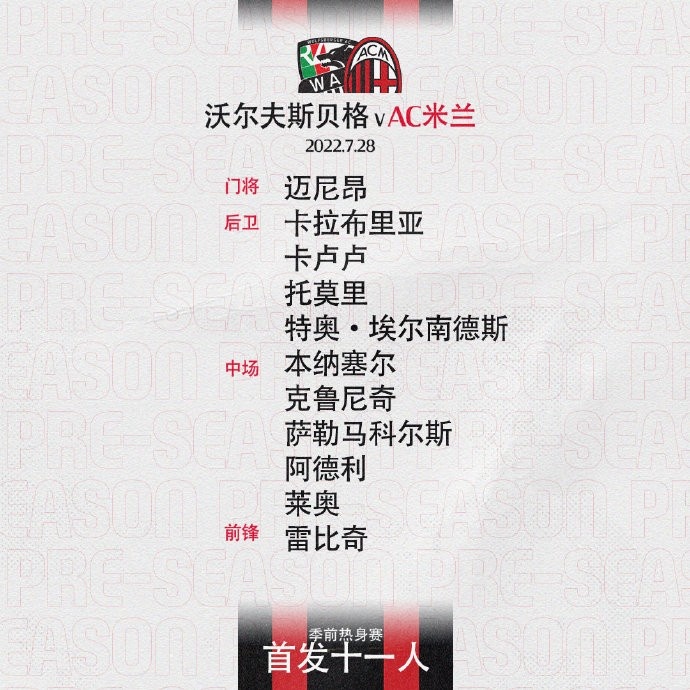 AC米兰vs沃尔夫斯贝格首发:阿德利、雷比奇首发,莱奥登场