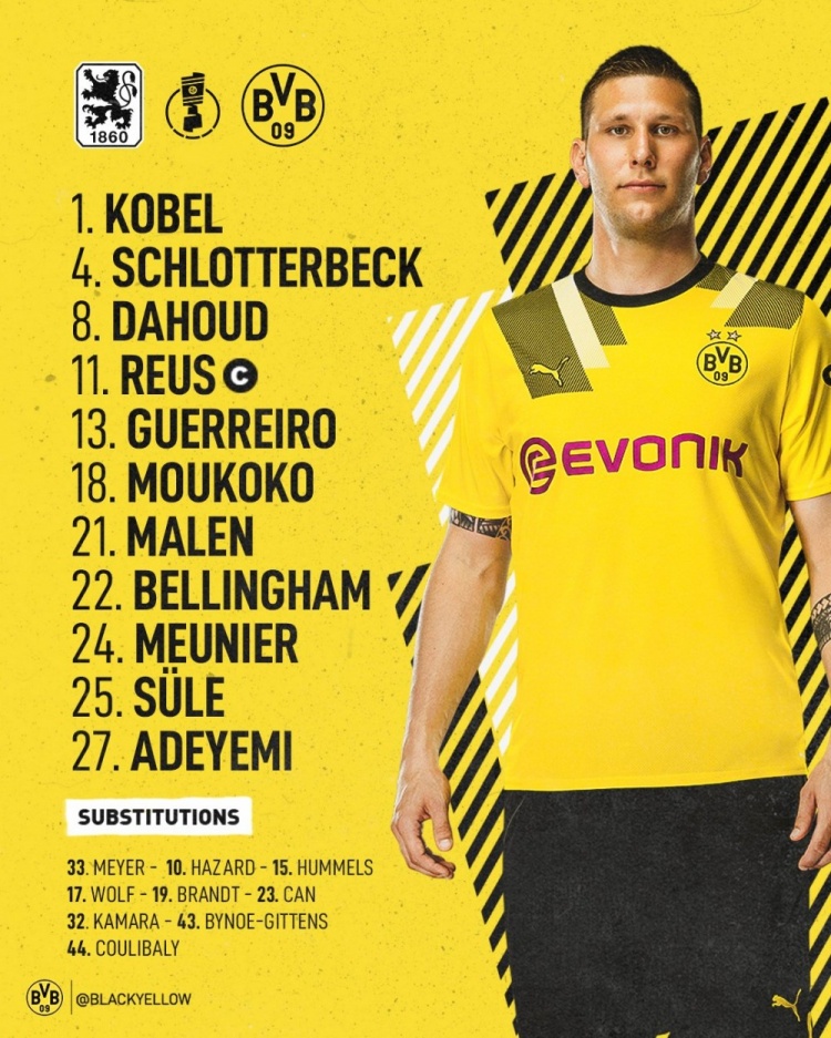 多特vs慕尼黑1860首发:阿德耶米、穆科科先发,罗伊斯出战