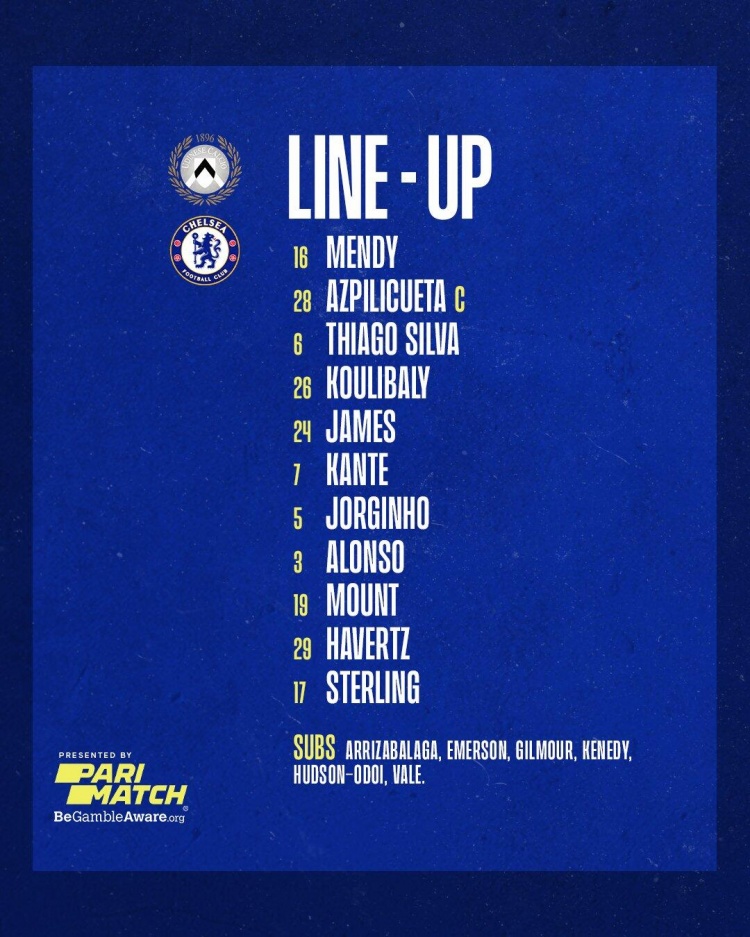 切尔西vs乌迪内斯首发:斯特林、哈弗茨、芒特先发