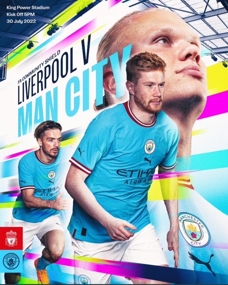 曼城发布社区盾杯海报：哈兰德、德布劳内、格拉利什出镜