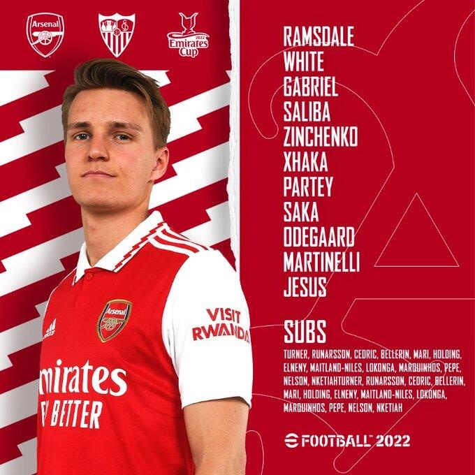 酋长杯-阿森纳vs塞维利亚首发:新任队长厄德高先发,热苏斯出战