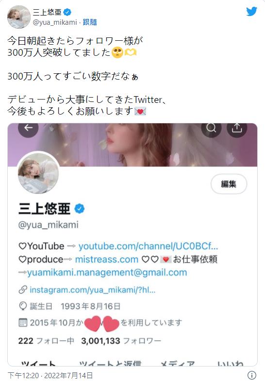 AV史上第一人!三上悠亜twitter破300万追蹤!