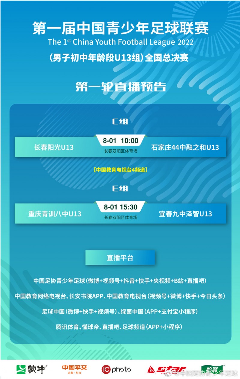 青少年足球联赛(初中U13、U15)全国总决赛小组赛首轮直播预告↓
