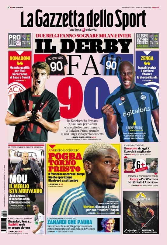 米体头版:米兰德比,两个比利时90号的PK