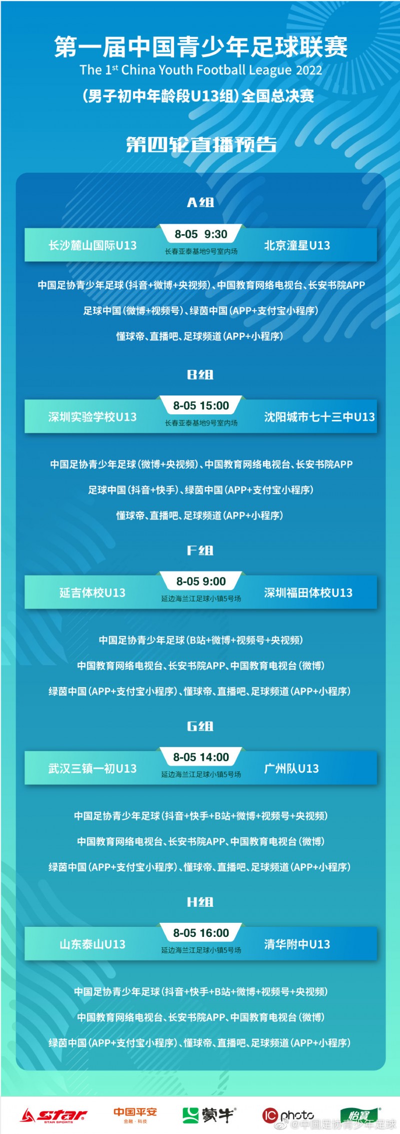 青少年足球联赛(初中U13)全国总决赛小组赛第四轮直播预告↓