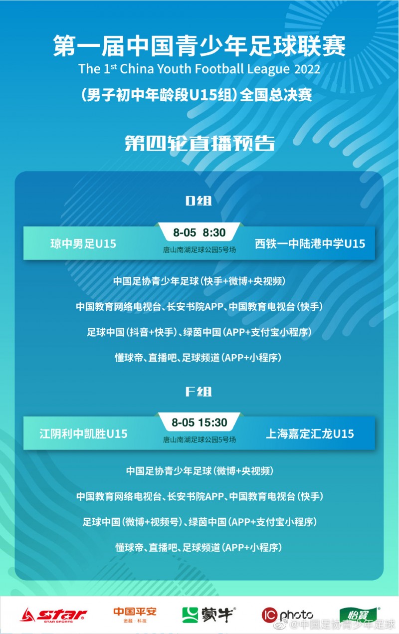 青少年足球联赛(初中U15)全国总决赛小组赛第四轮直播预告↓