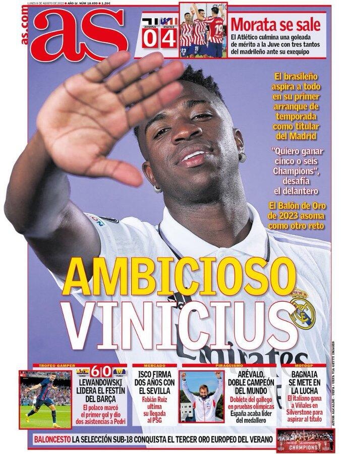 维尼修斯登阿斯头版:剑指2023金球奖,要拿6个欧冠冠军