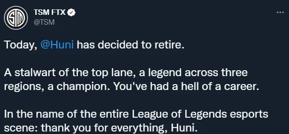 TSM官宣：前SKT、FNC上单选手Huni正式宣布退役