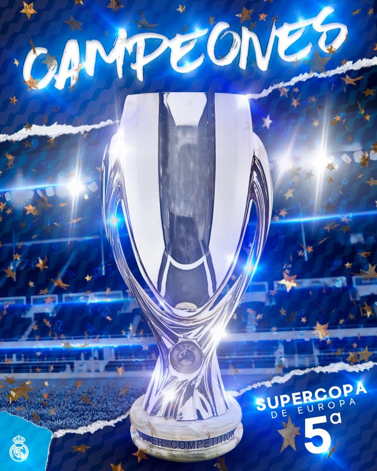 皇马时隔5年再夺欧超杯冠军,5次夺冠追平巴萨米兰并列第一!