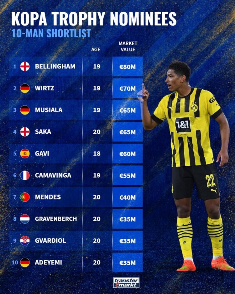 科帕奖候选身价排行:贝林厄姆8000万欧居首,威尔茨第二