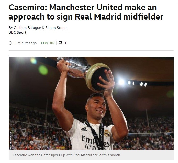 越来越靠谱了！BBC：曼联正研究签约卡塞米罗，转会费约6000万镑