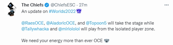 大洋洲赛区CHF战队更推:中单Telly和打野Arthur在隔离房比赛