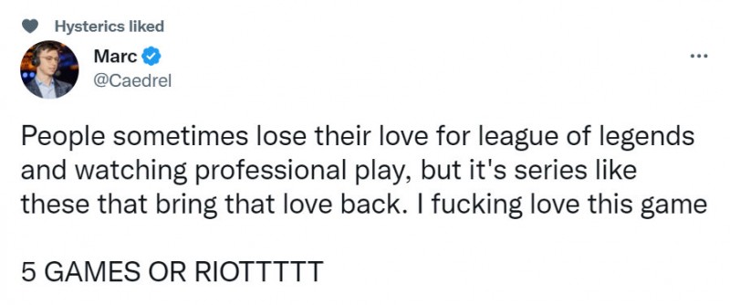 LEC解说Caedrel赛后发推:这个系列赛让人们找回对LOL的喜爱