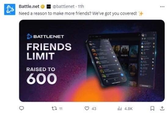 暴雪战网好友列表扩至600人,暴雪:给你一个交朋友的理由?