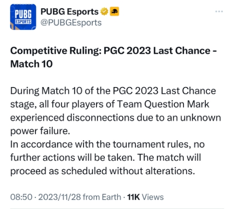 PUBG官方声明：QM掉线事件不会采取进一步行动 比赛按照计划进行