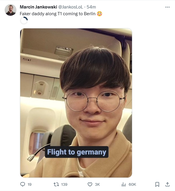 Faker随队T1前往德国,Jankos转发:噢~我的Faker Daddy来了?