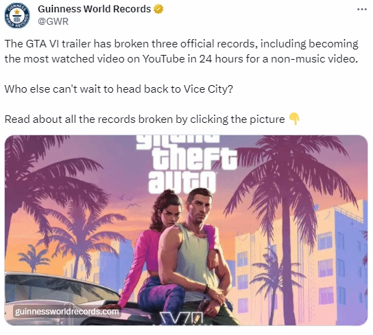 《GTA6》预告获吉尼斯官方认证:打破三项世界纪录