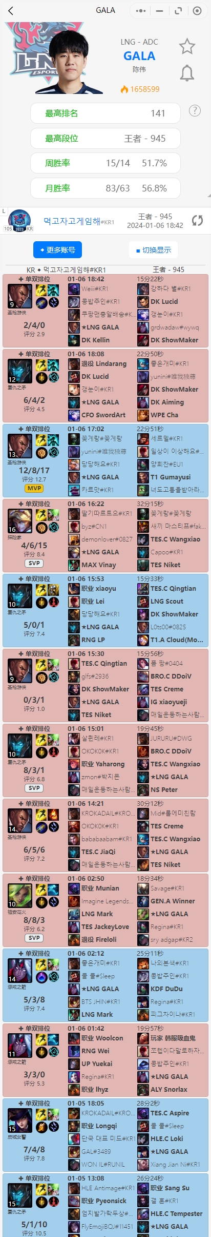 GALA韩服排位坎坷上分路，近期单双排频频失利