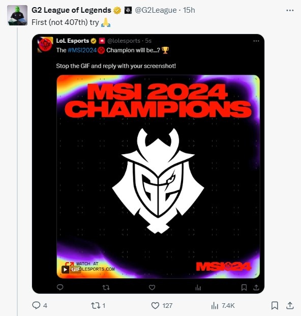 G2官推分享冠军预测:第一(不是第407)次尝试