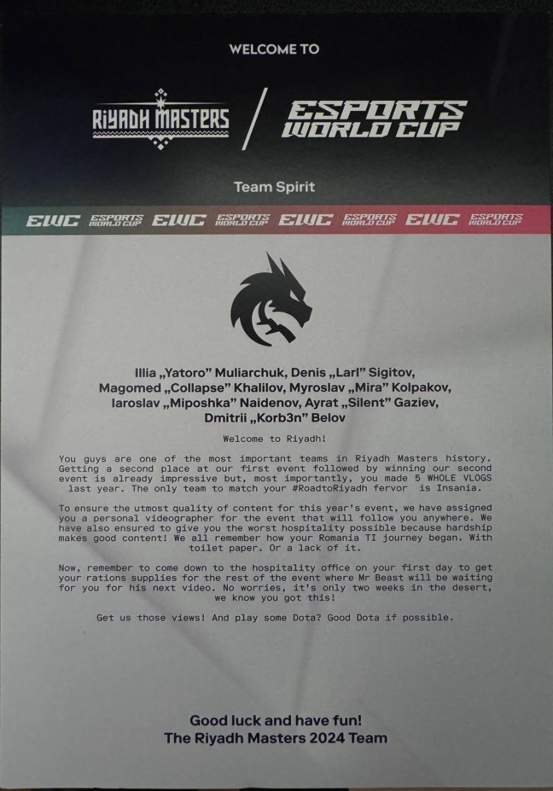 Team Spirit利亚德大师赛欢迎信:只有Insania可与你们队伍的热情相提并论