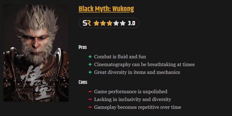 外媒给《黑神话》打三星:缺乏多样性/女角色成扣分项