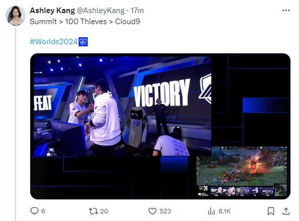 韩媒记者Ashley Kang更推:Summit > 100 Thieves > Cloud9