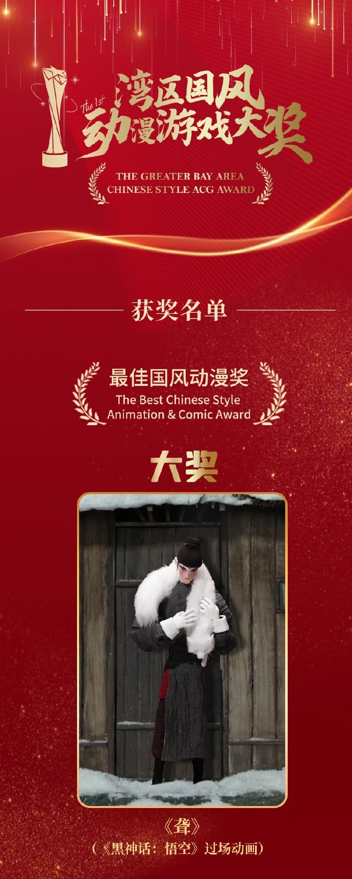 《黑神话:悟空》游戏过场动画之一《聋》获得“最佳国风动漫奖”大奖